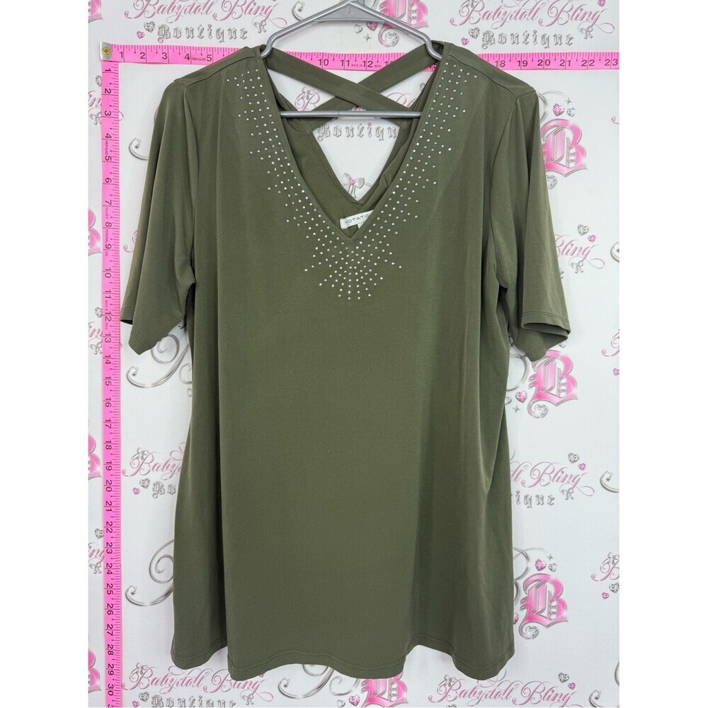 Notations tshirt rhinestone Olive Green Crisscross V-Neck Top with Stud Detail